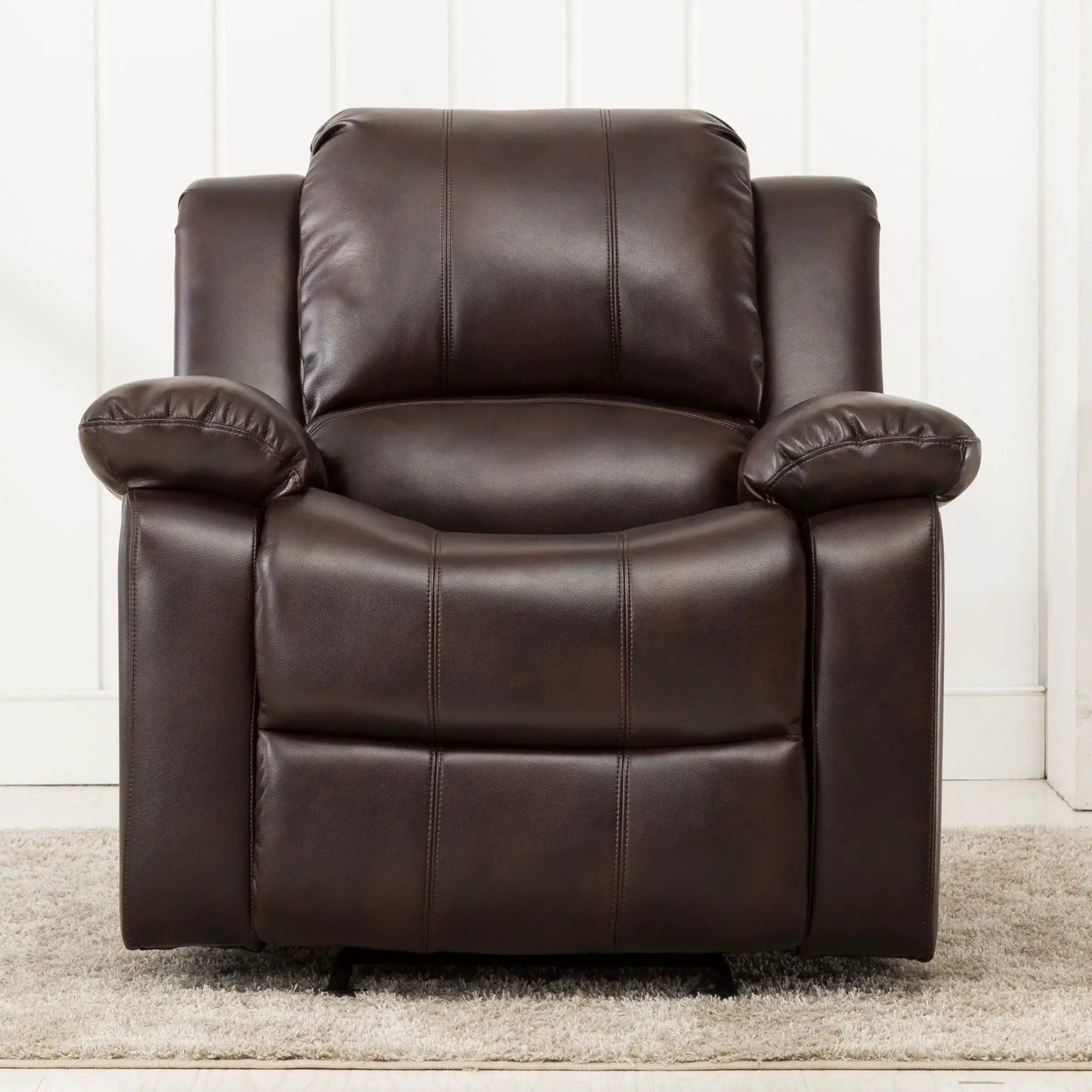 Charlotte Glider Recliner brown leather upholstery with stitched seams and plush arms on Tampa Home & Garden Store