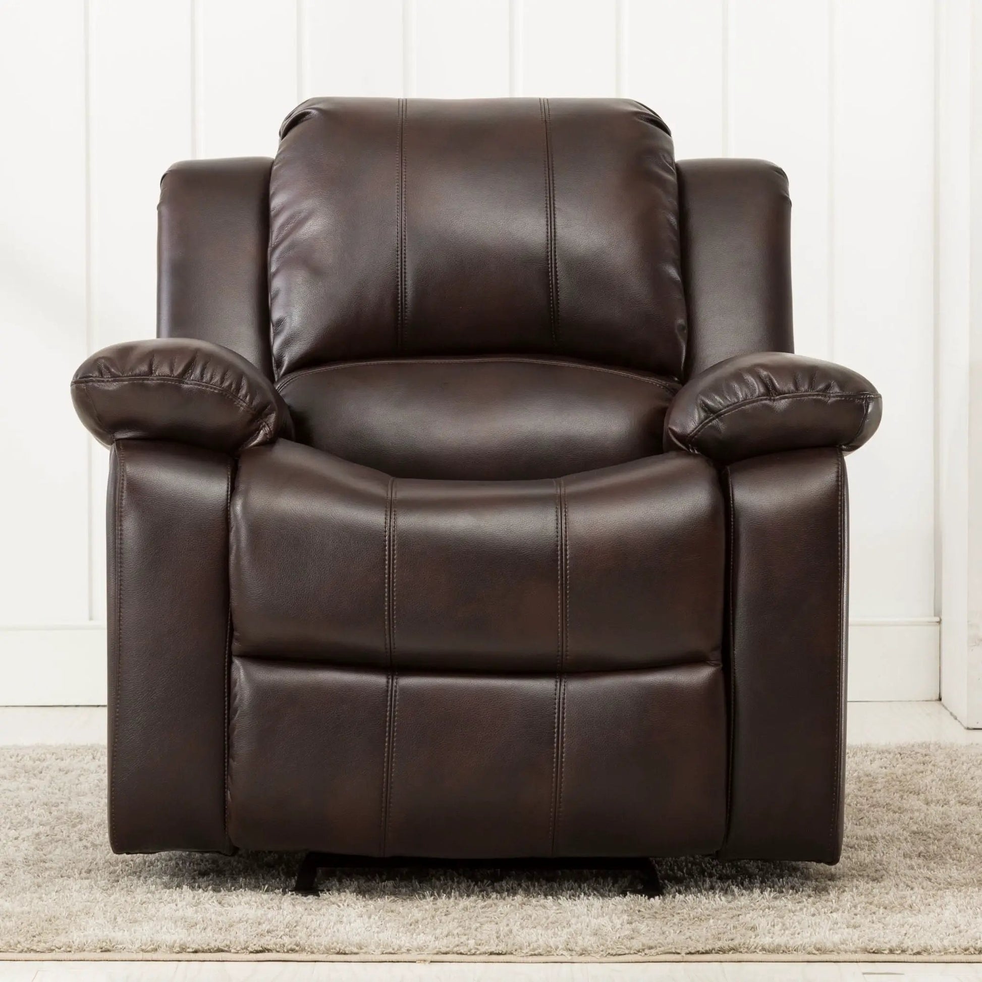 Charlotte Glider Recliner brown leather upholstery with stitched seams and plush arms on Tampa Home & Garden Store