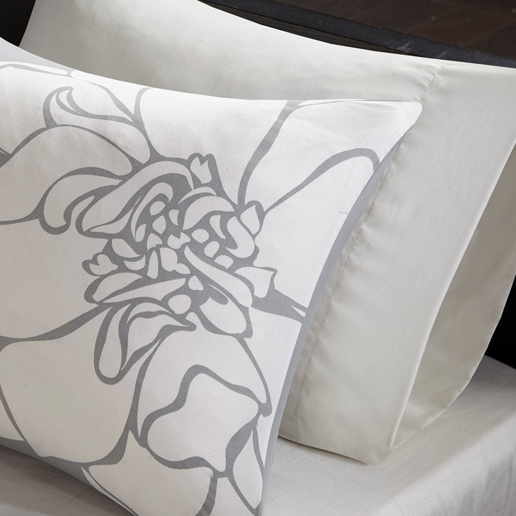 Madison Park Floral Cotton Sateen Comforter Ensemble with cream backdrop and gray floral motif on Tampa Home & Garden Store