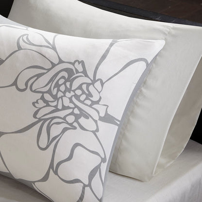 Madison Park Floral Cotton Sateen Comforter Ensemble with cream backdrop and gray floral motif on Tampa Home & Garden Store