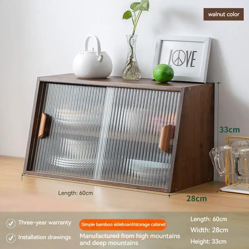 Japanese-style walnut wood glass kitchen cabinet with ribbed doors and leather handles on Tampa Home & Garden Store