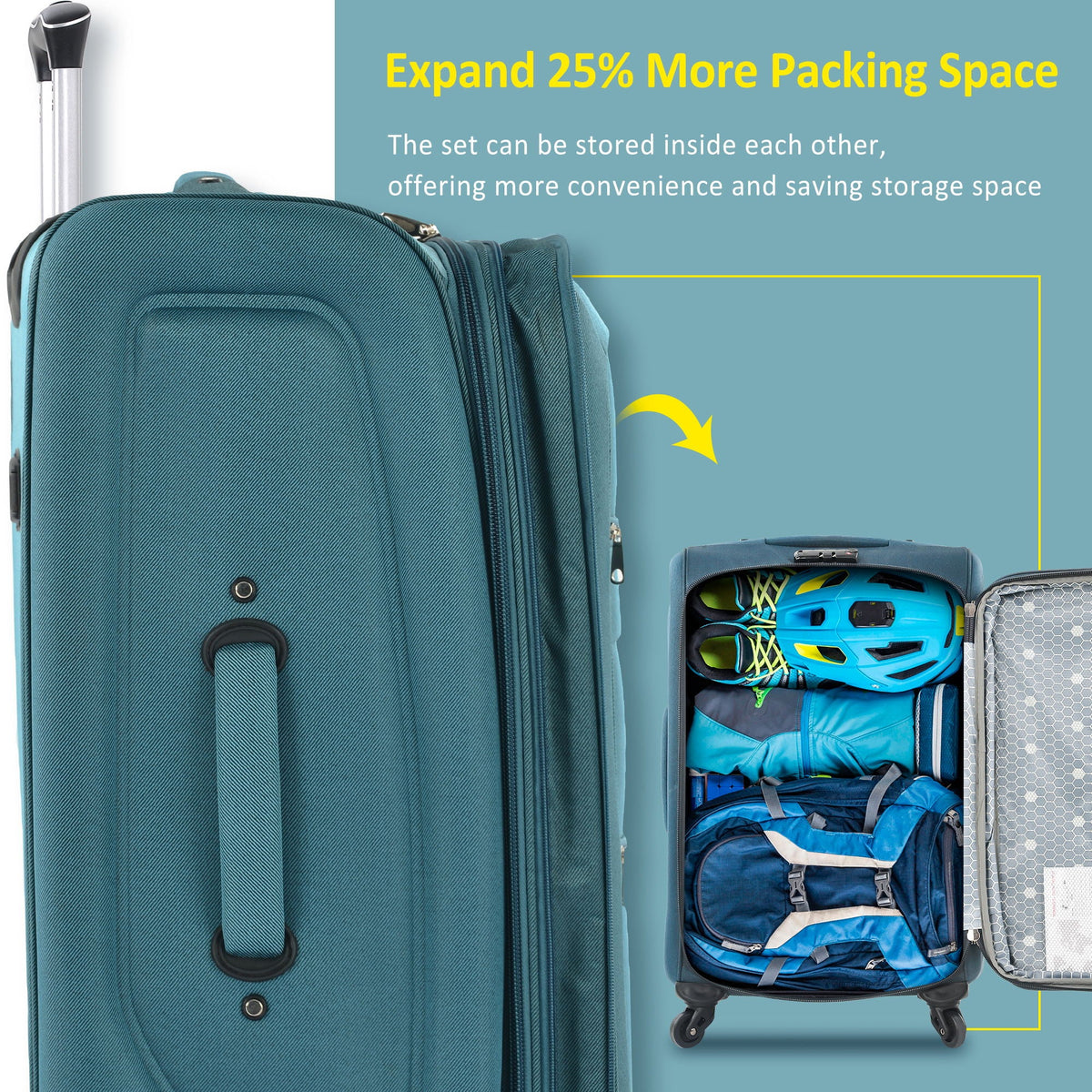Softside expandable 3-piece teal luggage set by HouseOfZazla with upright spinner wheels on Tampa Home & Garden Store