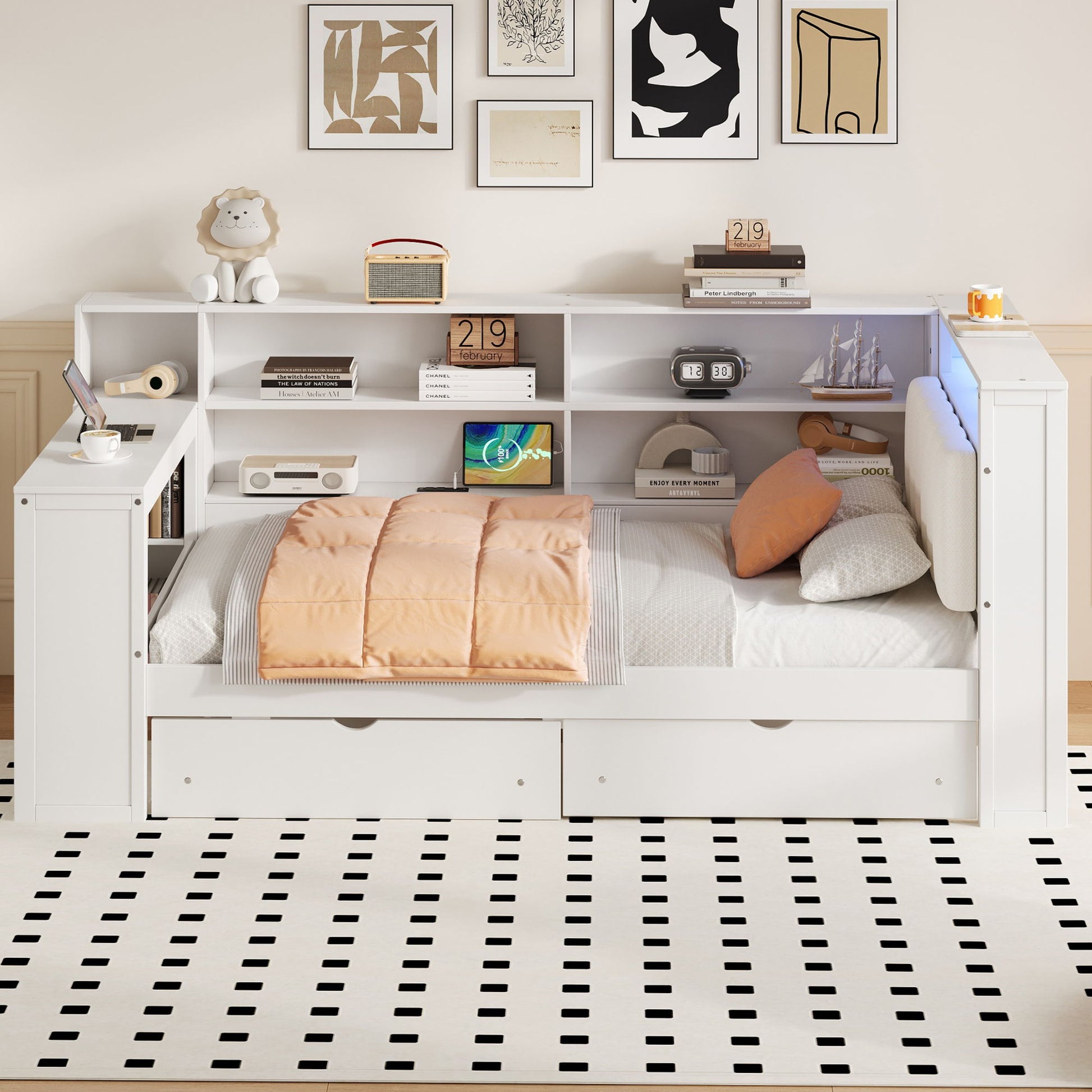 Platform bed with built-in storage shelves, drawers and desk, white finish, peach quilt on Tampa Home & Garden Store