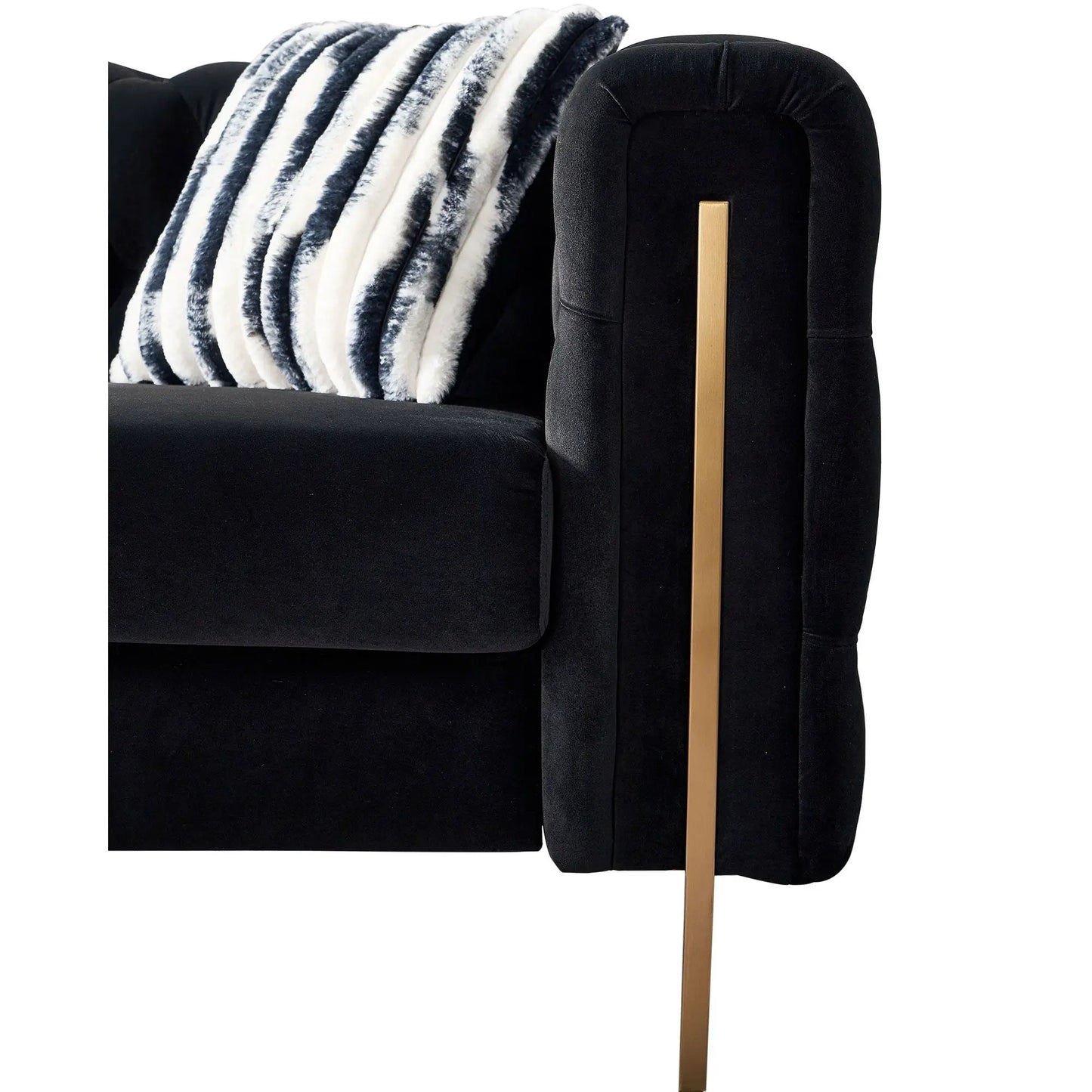 Chesterfield Tufted Sofa black velvet with gold metal leg accent blue faux fur throw on Tampa Home & Garden Store