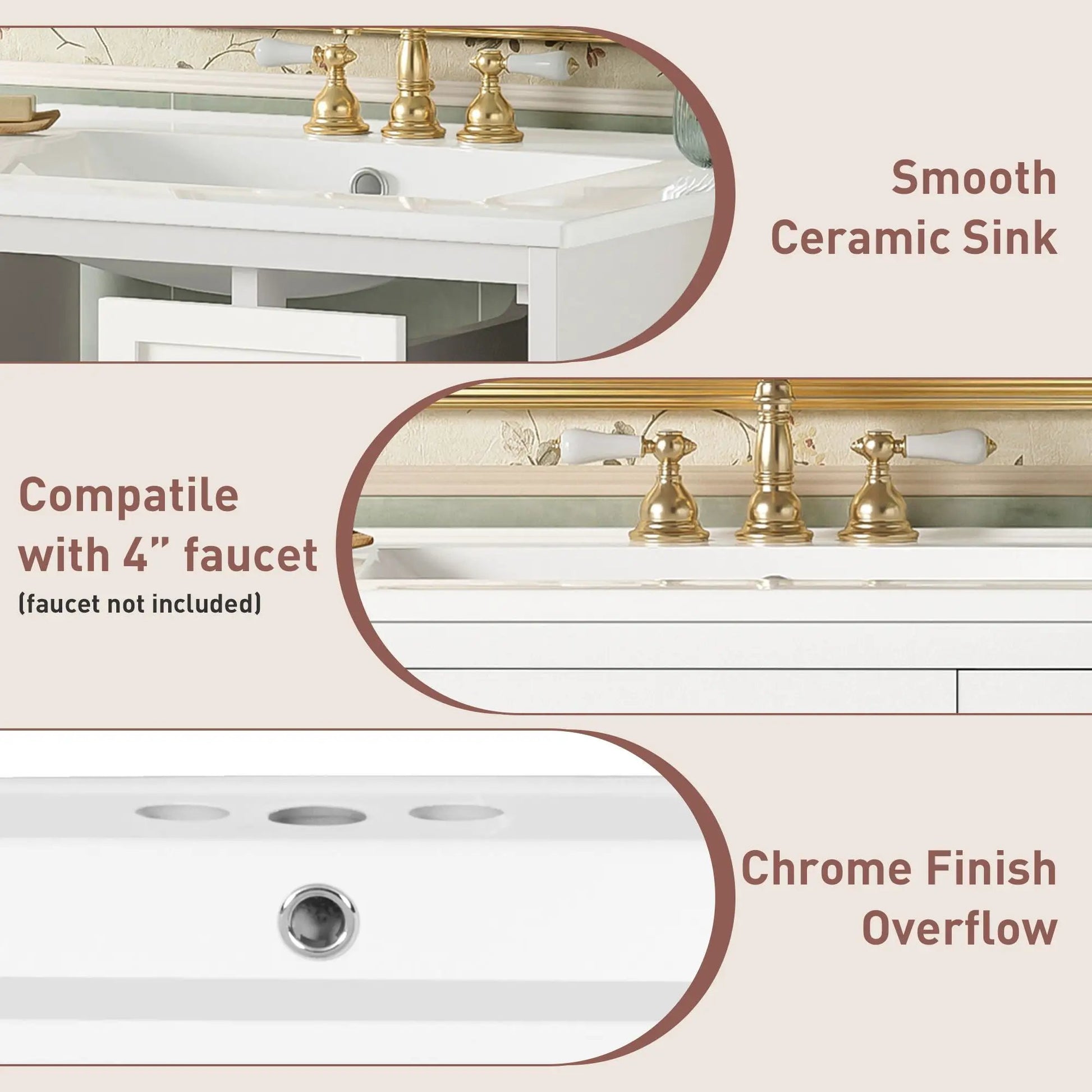 Wall-mounted white vanity with ceramic sink, 2 drawers and soft-close door, gold faucet accents on Tampa Home & Garden Store