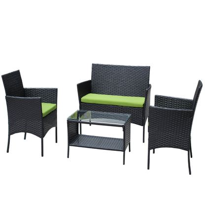 4pc rattan outdoor furniture set with black wicker and lime cushions, includes glass table on Tampa Home & Garden Store