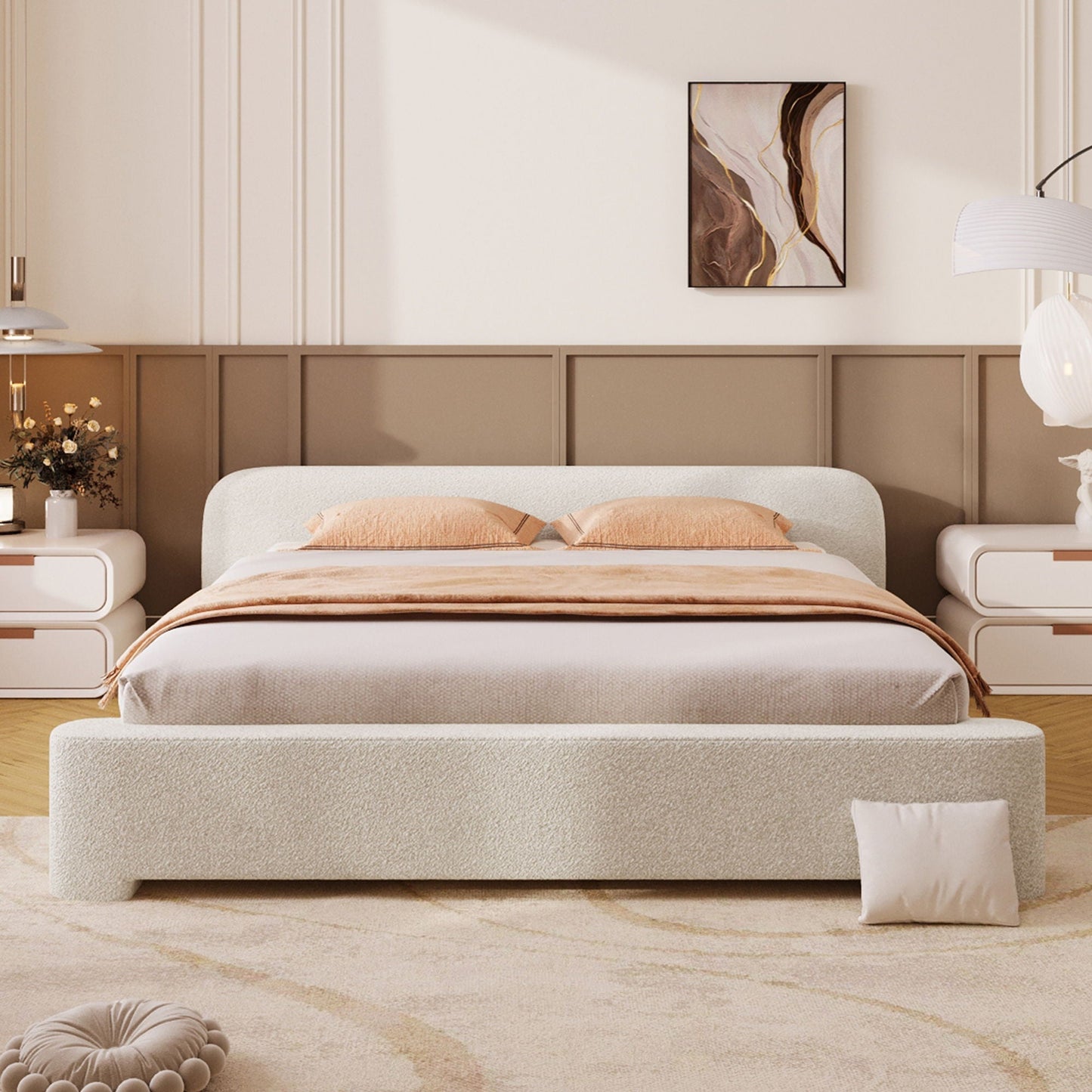 Cozy Bouce Upholstered Bed beige fabric with tufted headboard by HouseOfZazla on Tampa Home & Garden Store