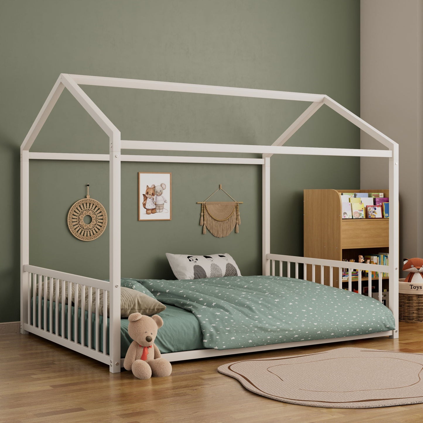 Montessori style floor bed with white house-shaped frame and safety guardrails by HouseOfZazla on Tampa Home & Garden Store
