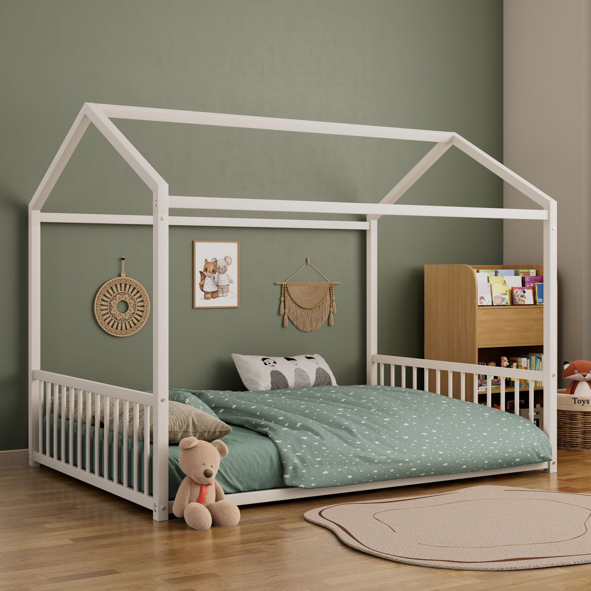 Montessori style floor bed with white house-shaped frame and safety guardrails by HouseOfZazla on Tampa Home & Garden Store