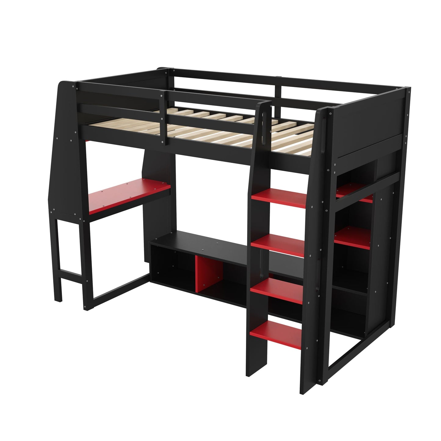 Gaming loft bed frame in black with integrated desk and red storage shelves on Tampa Home & Garden Store