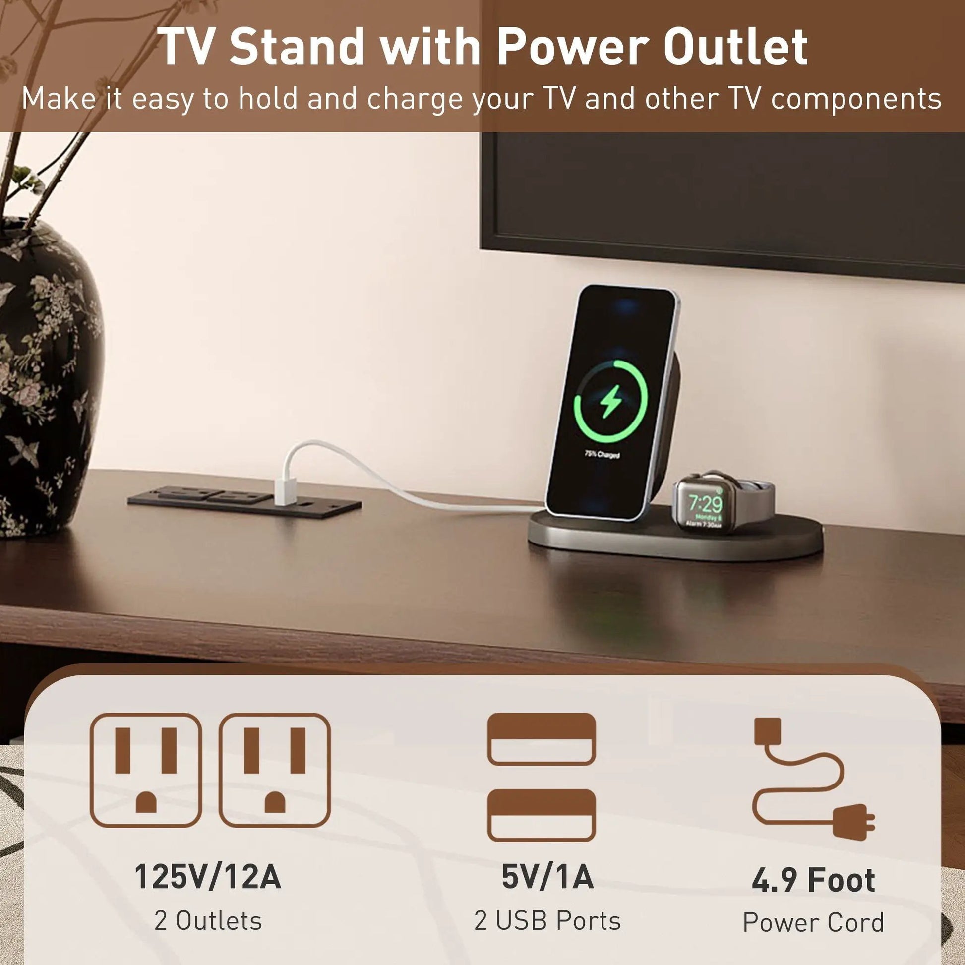 Dark brown TV stand for 70-inch TV with tambour doors, drawers and built-in power outlet on Tampa Home & Garden Store