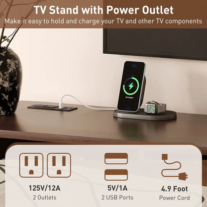Dark brown TV stand for 70-inch TV with tambour doors, drawers and built-in power outlet on Tampa Home & Garden Store