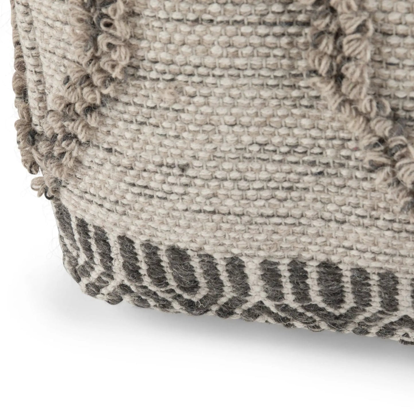 Sweeney Upholstered Square Pouf beige woven boucle fabric close-up with fringe trim on Tampa Home & Garden Store