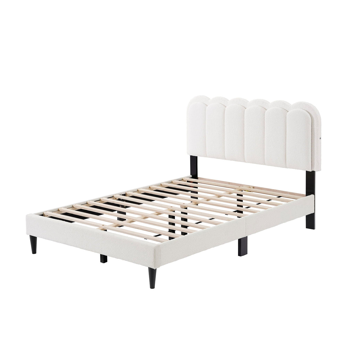 Lambswool Petal Headboard Bed Frame in white upholstery with black legs and slat base on Tampa Home & Garden Store