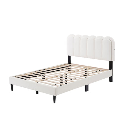 Lambswool Petal Headboard Bed Frame in white upholstery with black legs and slat base on Tampa Home & Garden Store