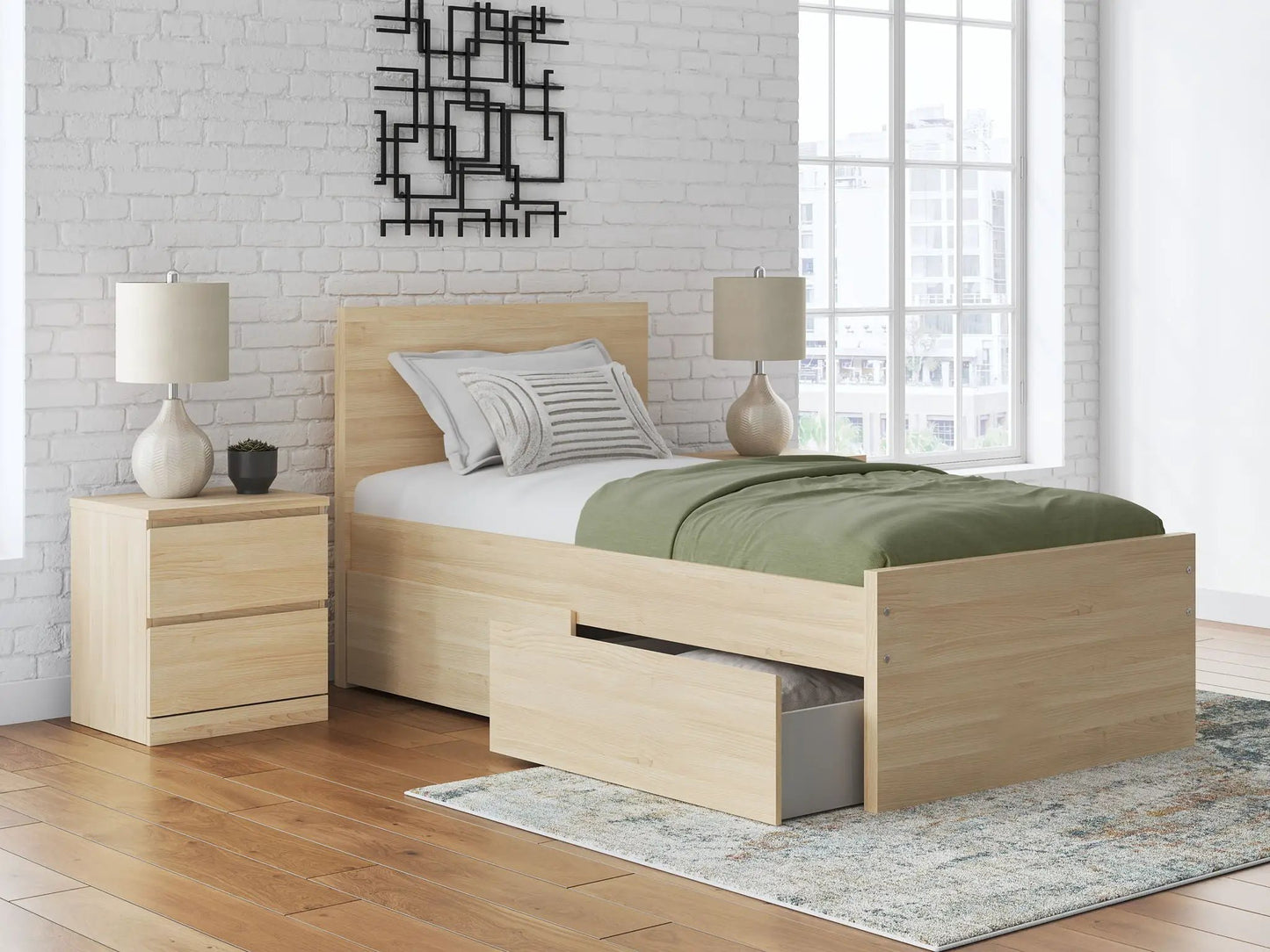 Onita Panel Platform Bed with storage drawers in light oak by Unique Piece Furniture on Tampa Home & Garden Store