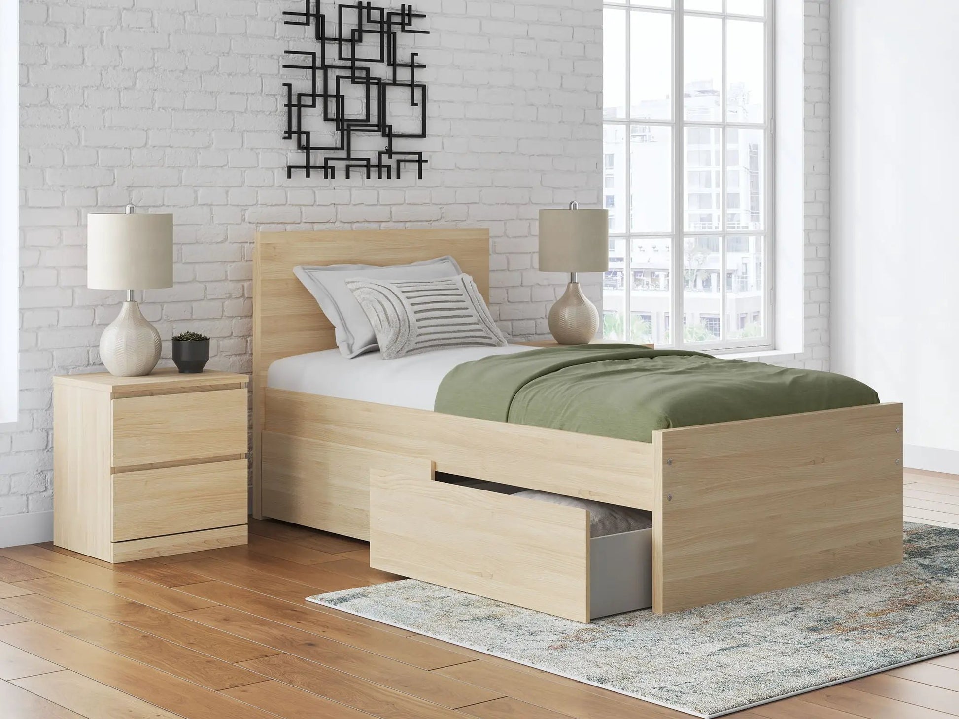 Onita Panel Platform Bed with storage drawers in light oak by Unique Piece Furniture on Tampa Home & Garden Store