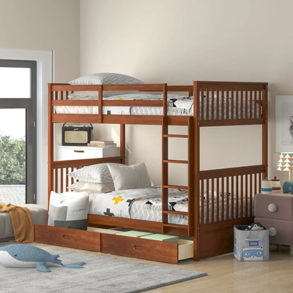 Wooden bunk bed with ladder in warm brown finish and 2 under-bed storage drawers on Tampa Home & Garden Store