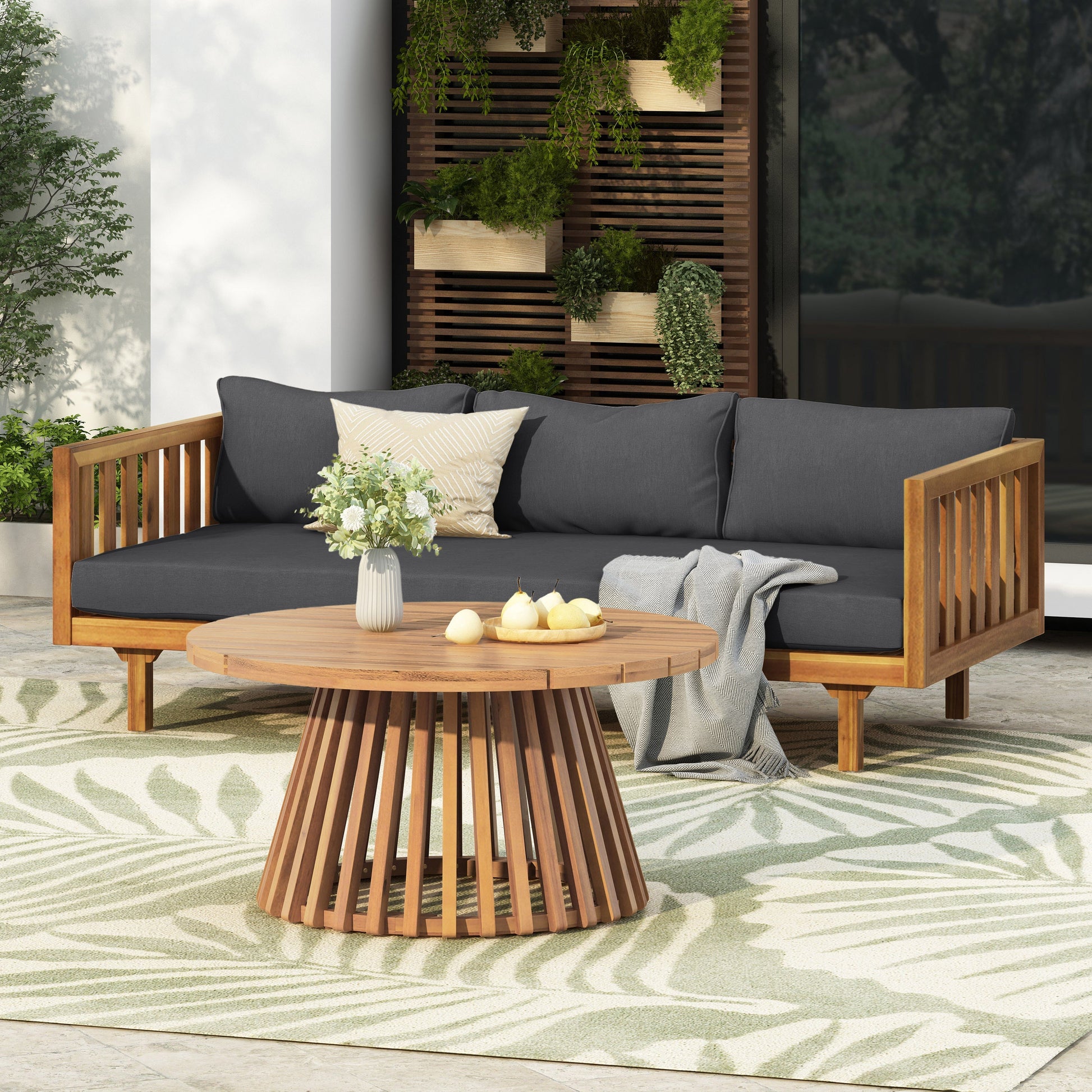 Claremont 3 Seater Daybed and Acacia Wood Patio Table outdoor set with dark gray cushions on Tampa Home & Garden Store