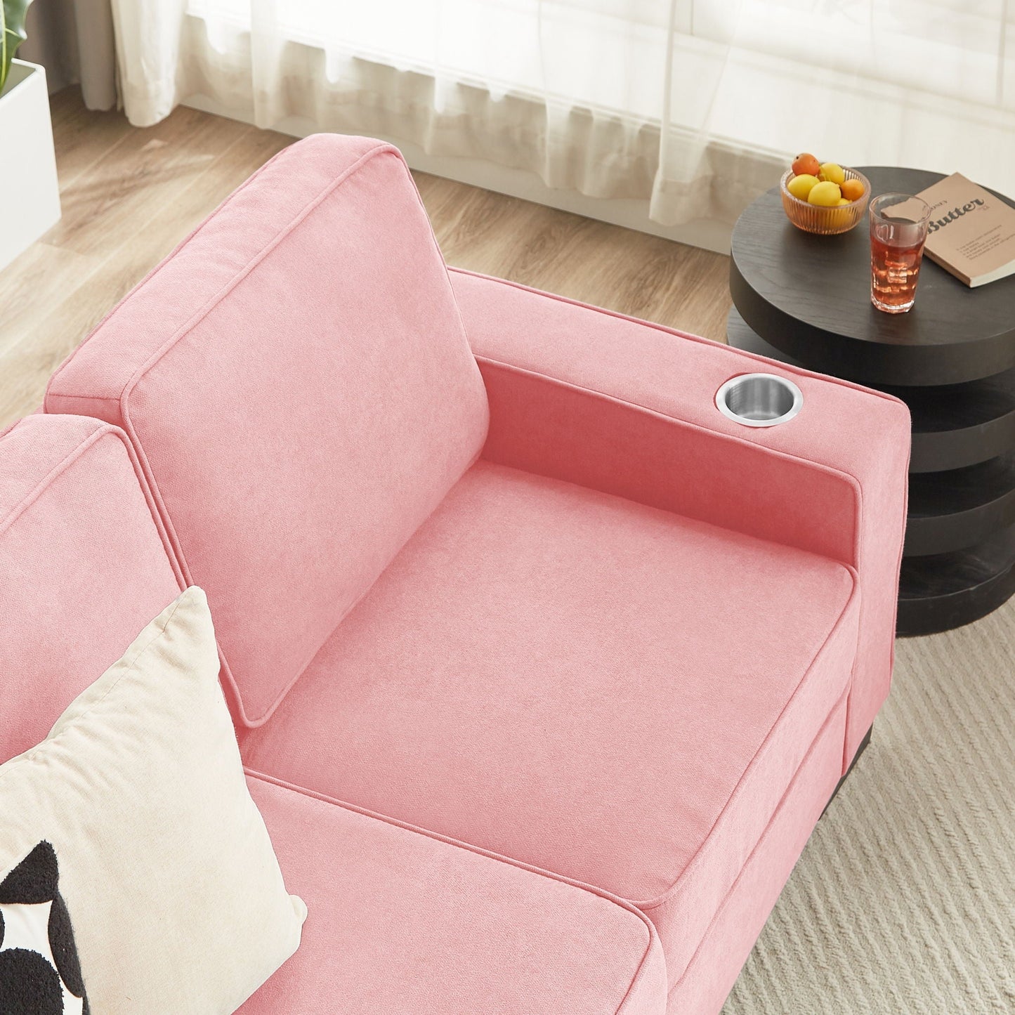 Modern Snowfleece Fabric 3 Seater Sofa With Cup Holder pink upholstery on Tampa Home & Garden Store