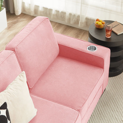 Modern Snowfleece Fabric 3 Seater Sofa With Cup Holder pink upholstery on Tampa Home & Garden Store