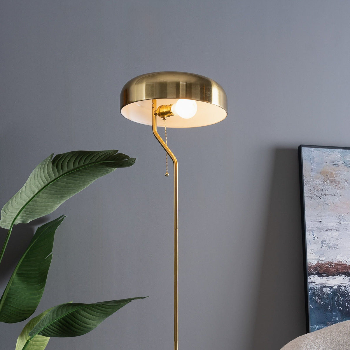 Spectra tall corner floor lamp in gold with dome shade and exposed bulb by HouseOfZazla on Tampa Home & Garden Store