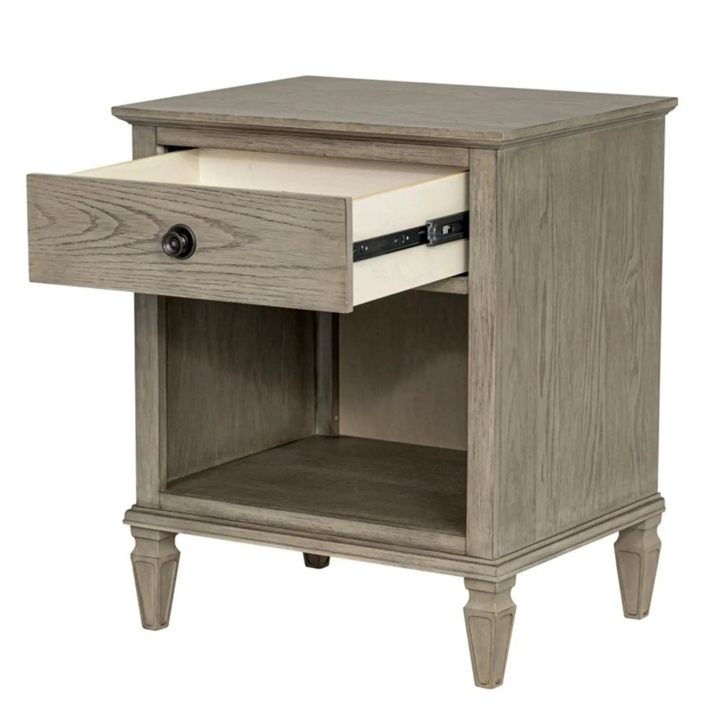 Victoria nightstand with open storage in gray weathered wood, single drawer with knob and shelf on Tampa Home & Garden Store