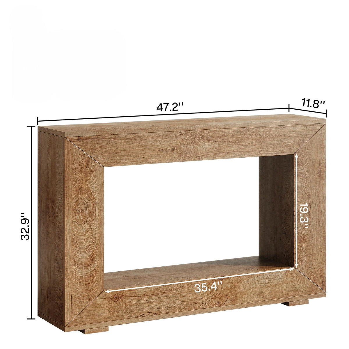 Narrow entryway storage console table in natural wood finish with open lower shelf, 47.2in long on Tampa Home & Garden Store