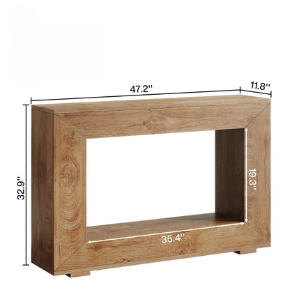 Narrow entryway storage console table in natural wood finish with open lower shelf, 47.2in long on Tampa Home & Garden Store