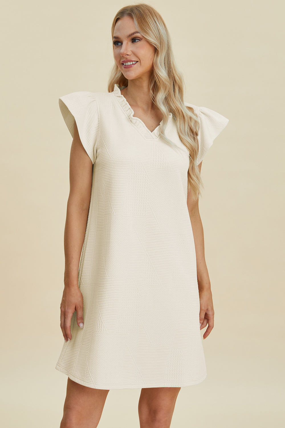Double Take cream full-size ruffled V-neck cap sleeve dress with textured pattern Stevvex on Tampa Home & Garden Store