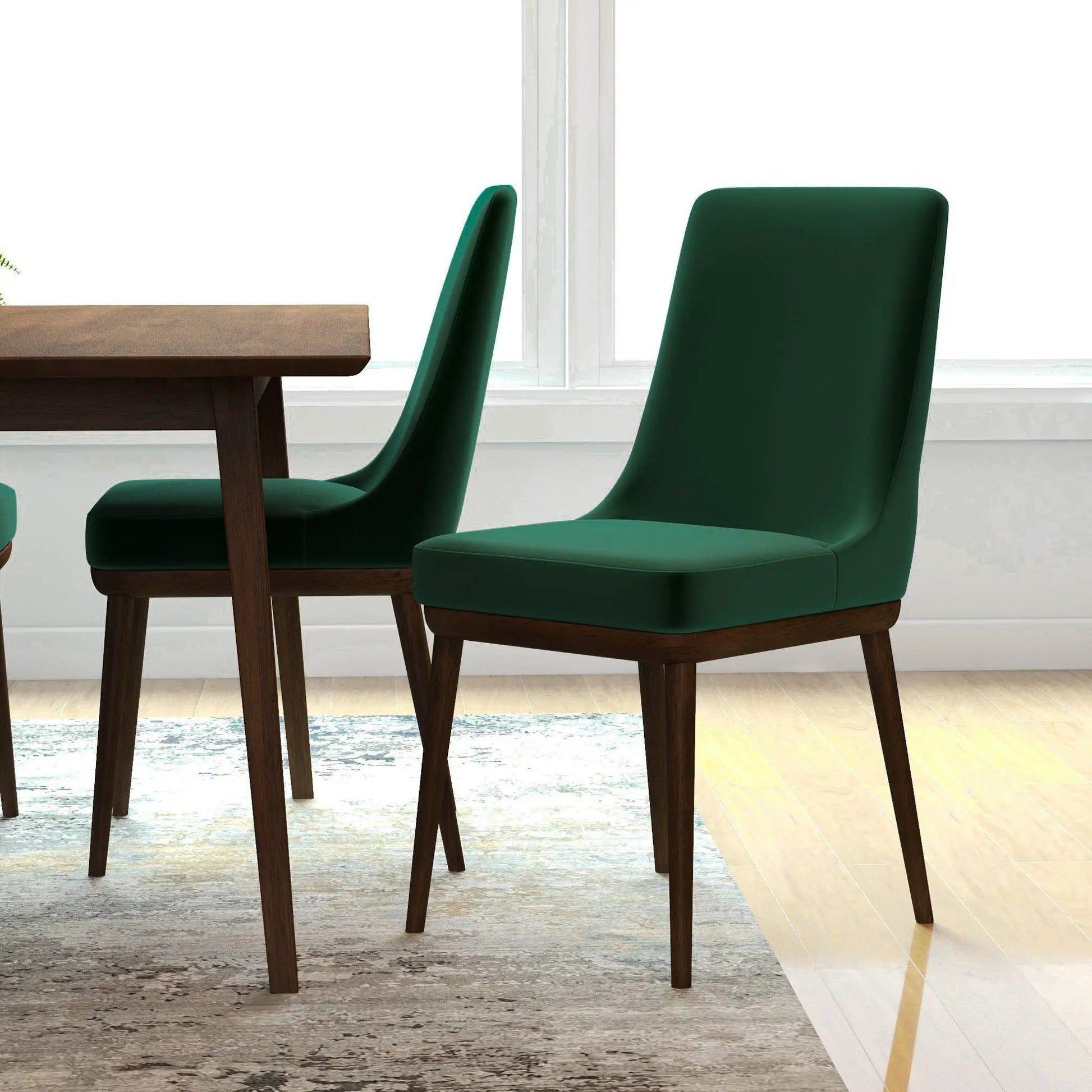 Kate Mid-Century Modern Dining Chair set of 2 emerald green upholstery, dark wood legs on Tampa Home & Garden Store