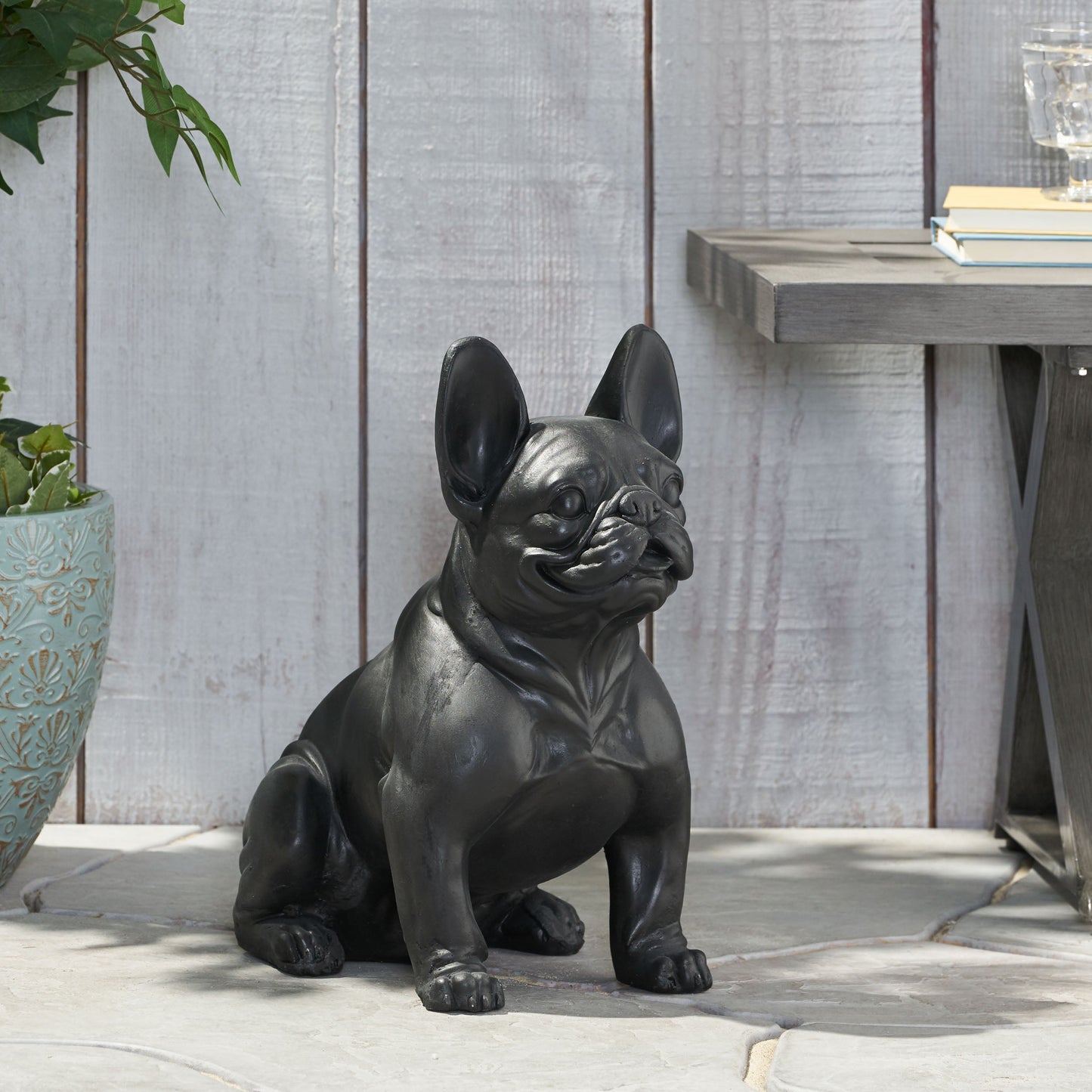 Outdoor French Bulldog garden sculpture by HouseOfZazla, black resin finish on Tampa Home & Garden Store