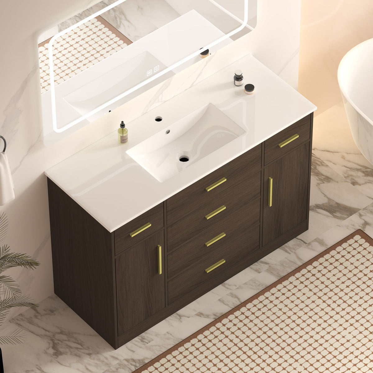 Bathroom Vanity With Soft Close Drawer Cabinet dark wood base, countertop brass hardware on Tampa Home & Garden Store