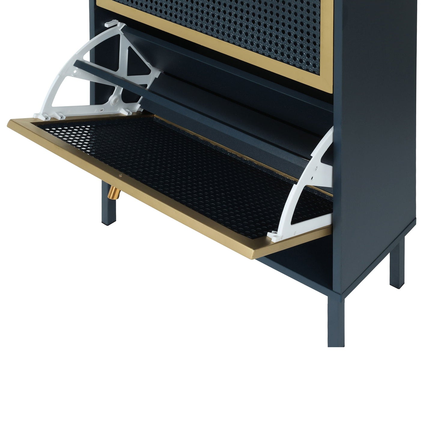 3-Door black shoe cabinet by HouseOfZazla with gold trim and perforated front on Tampa Home & Garden Store