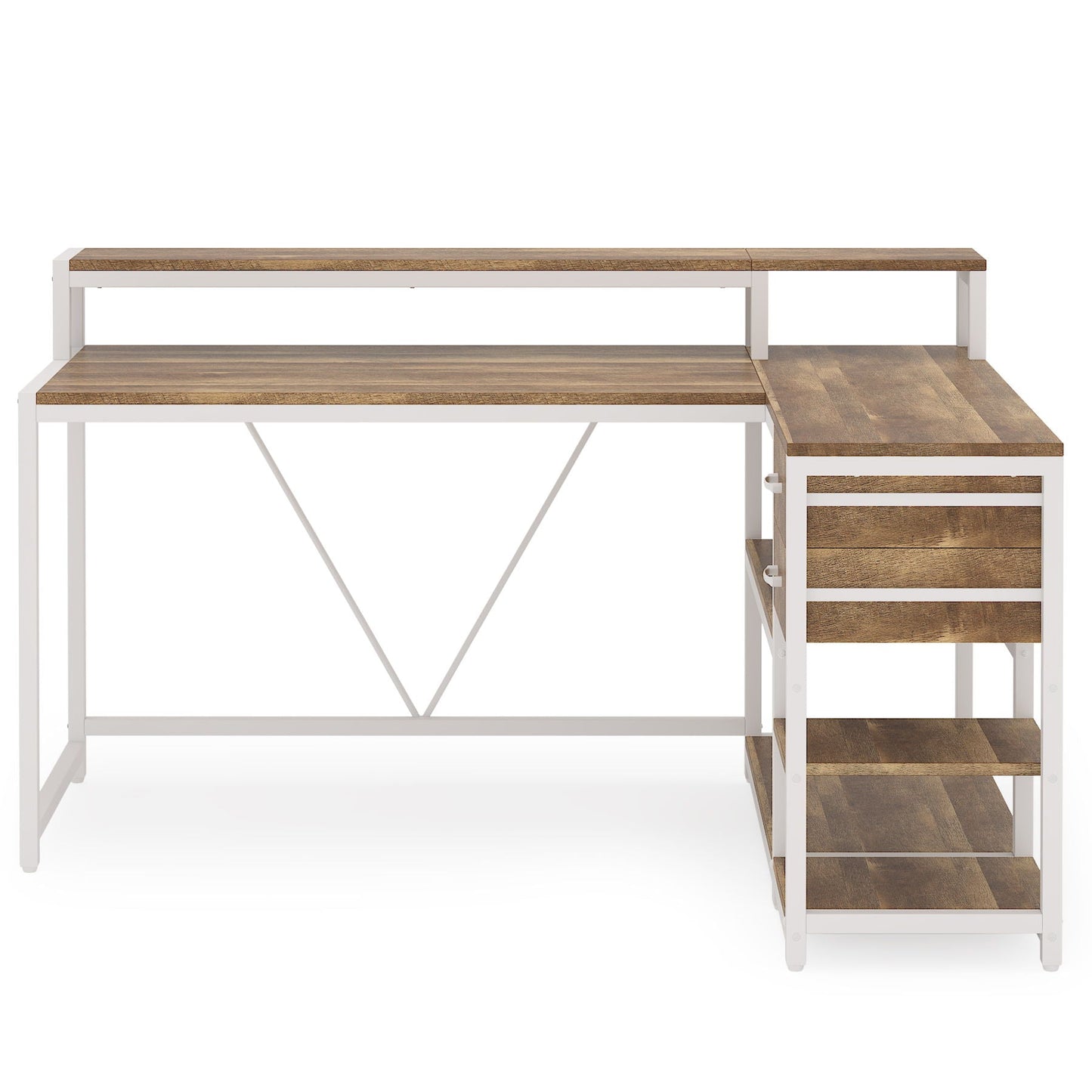 HouseOfZazla L-shaped corner desk with monitor riser, drawers and storage shelves; white frame with natural wood tabletop on Tampa Home & Garden Store