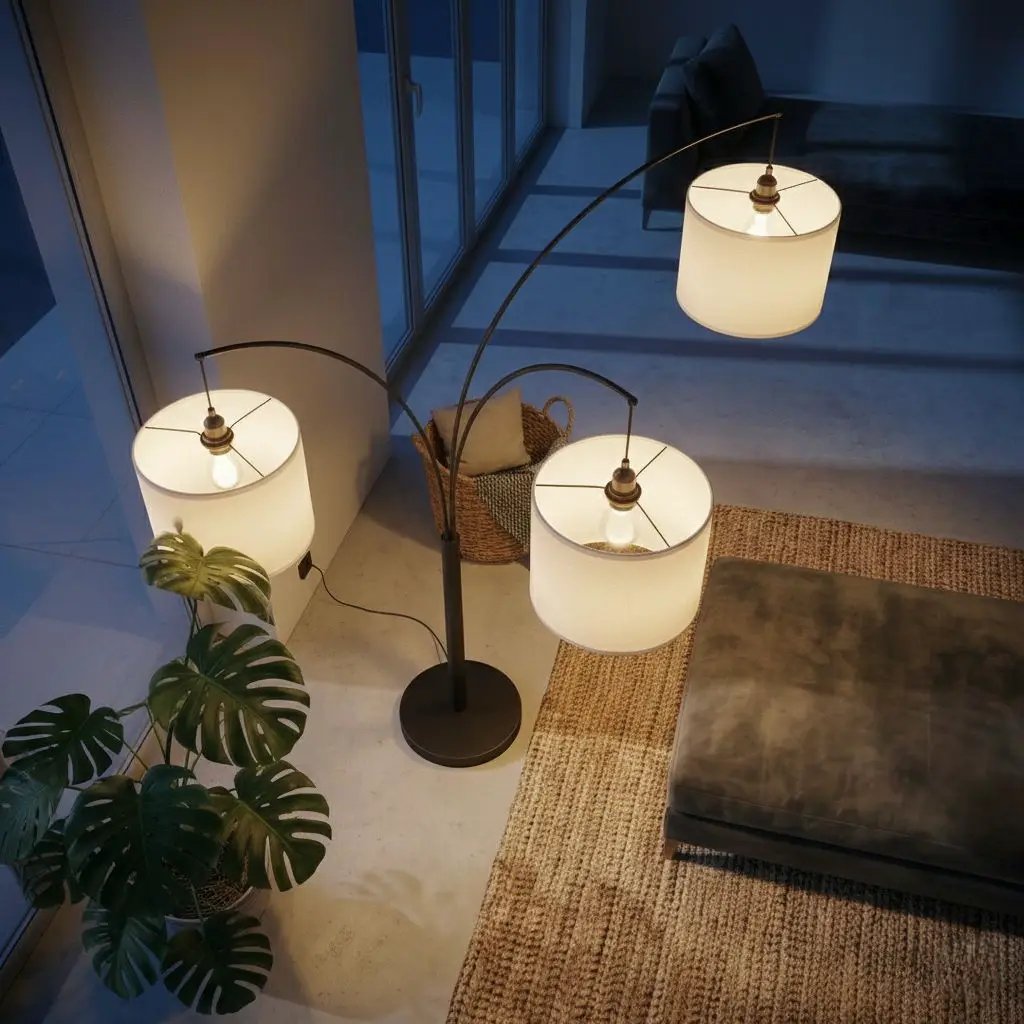 Royal 3-arm arc floor lamp in oil-rubbed bronze with linen drum shades, 4-way switch on Tampa Home & Garden Store