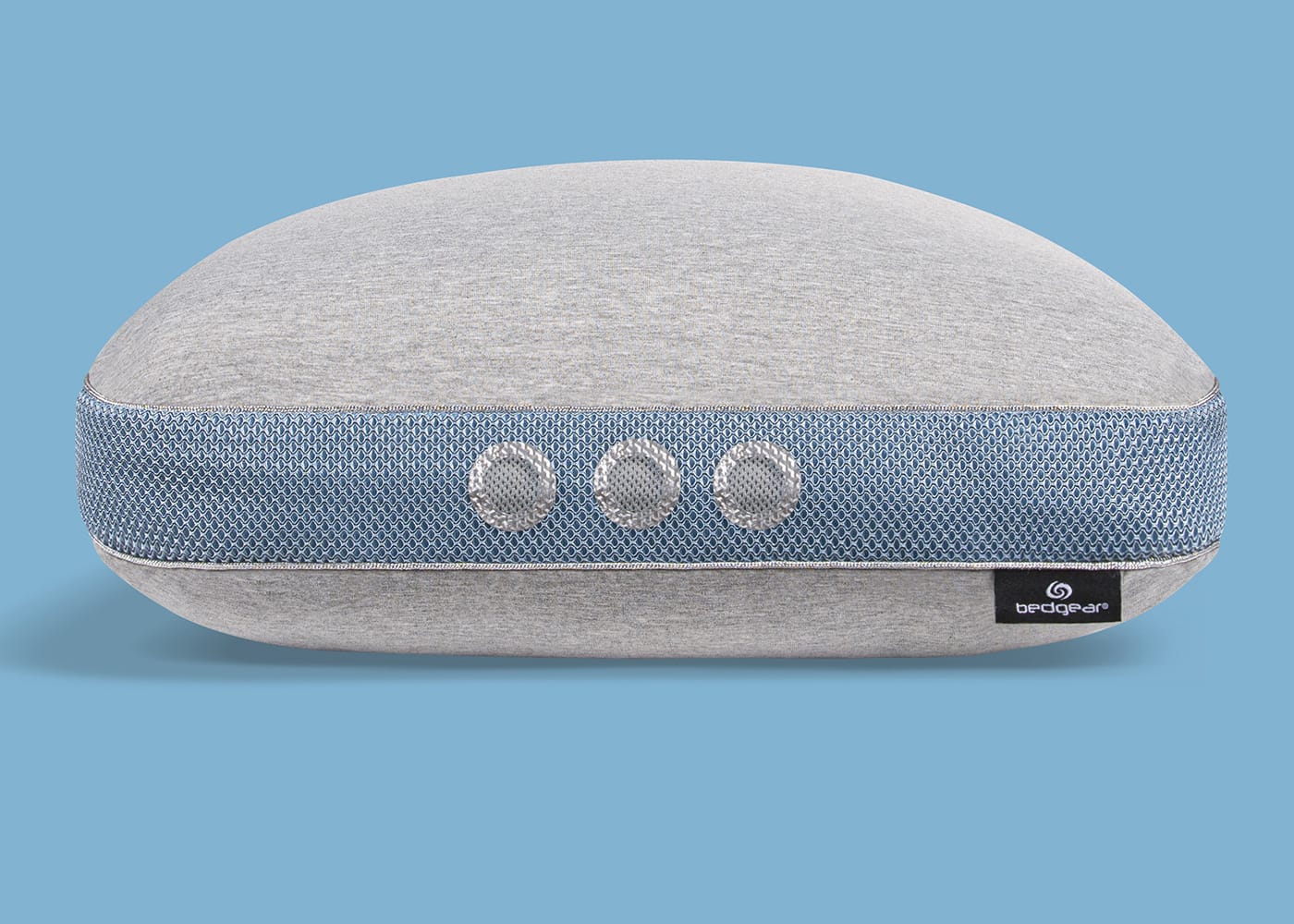 BedGear Flow Performance Pillow 1.0 backrest pillow with grey fabric and blue mesh band on Tampa Home & Garden Store
