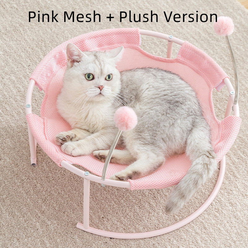 Cat bed hammock pink mesh with plush lining on a round metal stand; lounging gray cat on Tampa Home & Garden Store