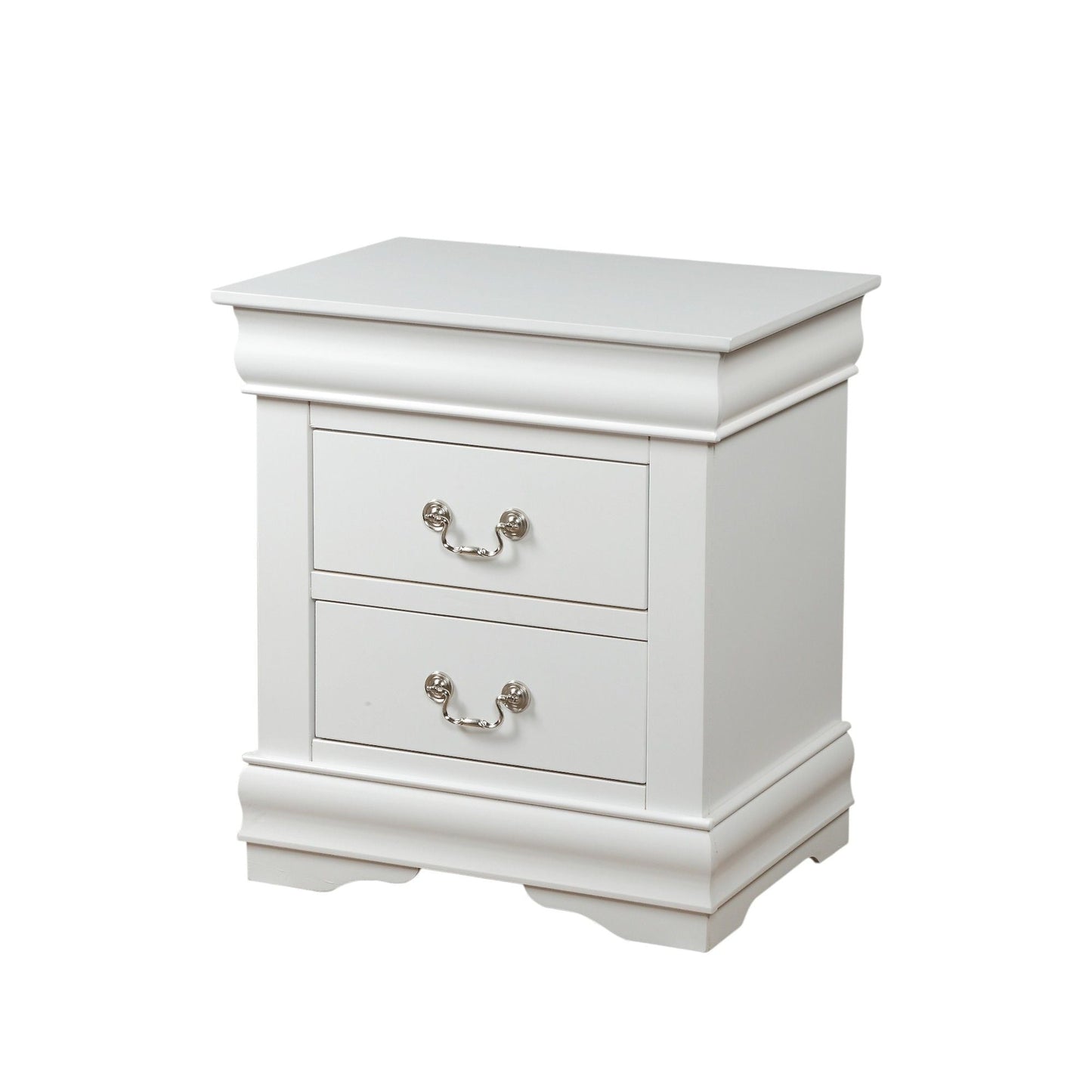 Louis Philippe Accent Nightstand by HouseOfZazla, white finish, 3-drawer chest with metal pulls on Tampa Home & Garden Store