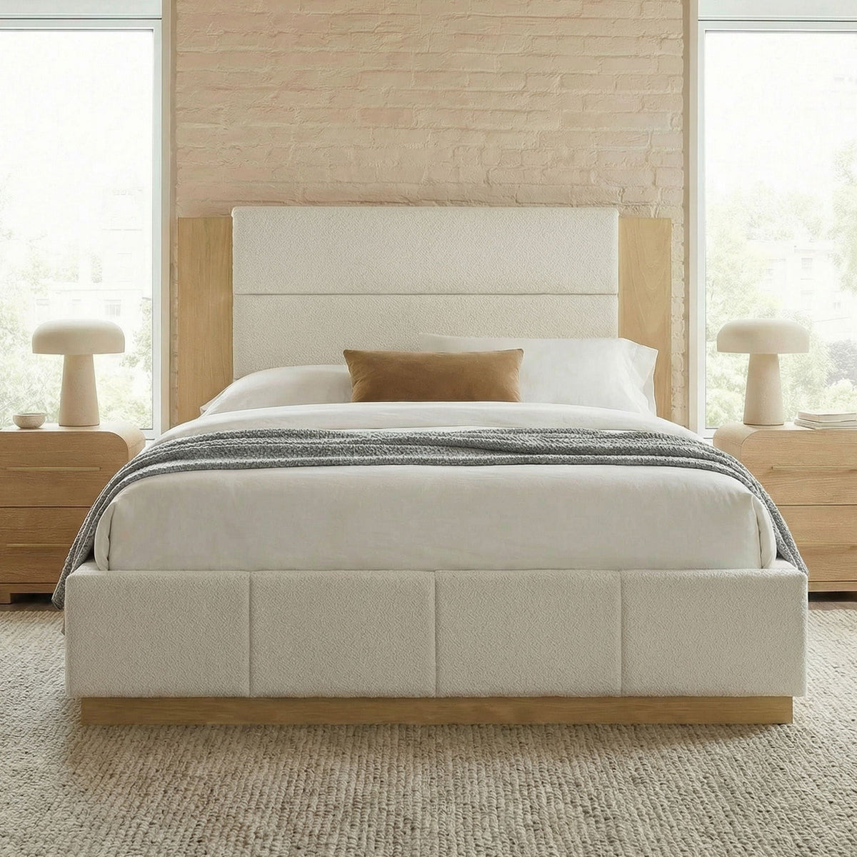 Modern Upholstered Platform Bed With Extended Headboard in beige fabric by HouseOfZazla on Tampa Home & Garden Store
