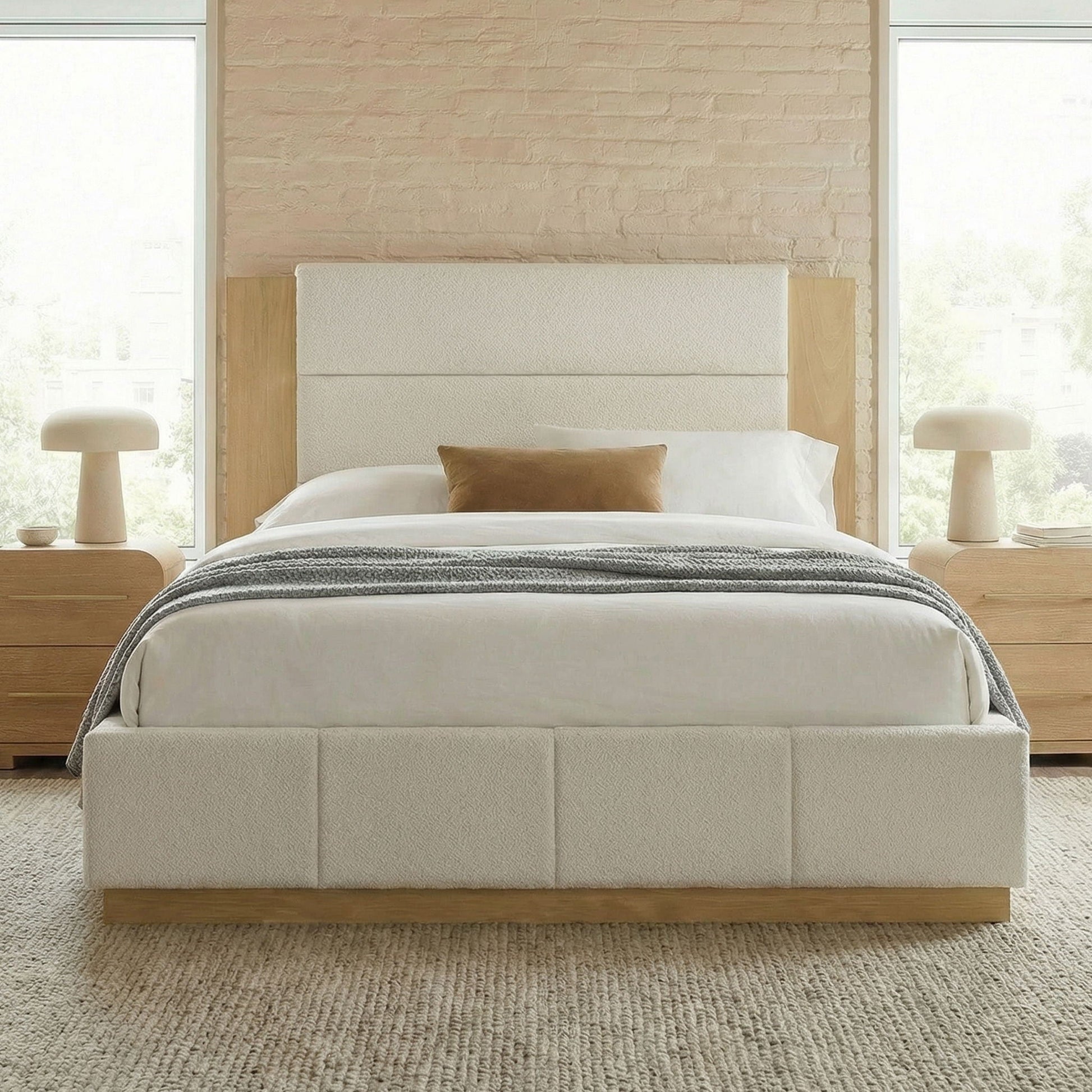 Modern Upholstered Platform Bed With Extended Headboard in beige fabric by HouseOfZazla on Tampa Home & Garden Store
