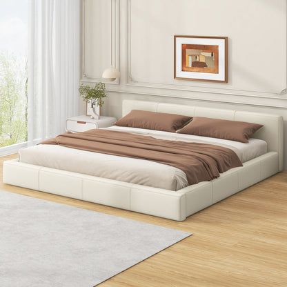Stylish upholstered bed with birch wood frame in cream upholstery and brown bedding on Tampa Home & Garden Store