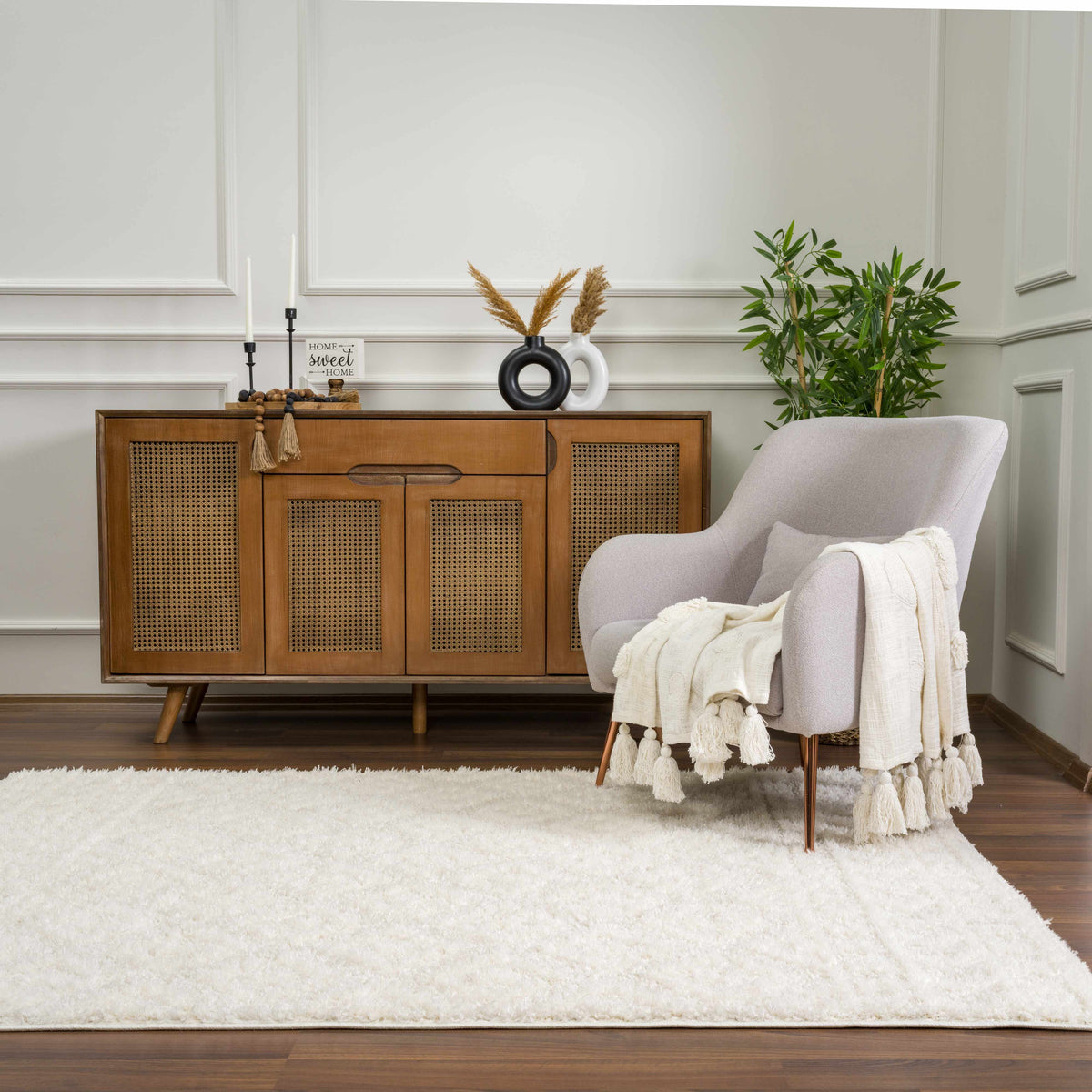 Eivin Cream Diamonds Plush Rug by Boutique Rugs, cream shag rug on wood floor on Tampa Home & Garden Store