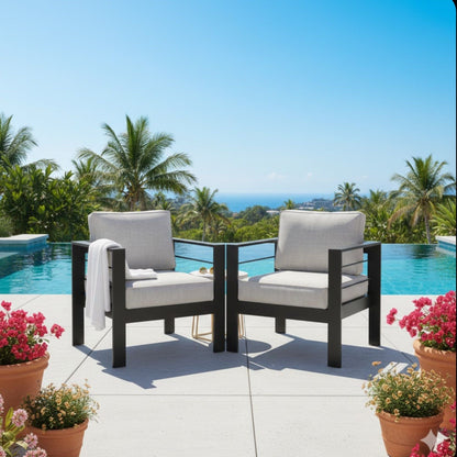HouseOfZazla modern all-weather patio armchairs with thick light-gray cushions, set of 2 on Tampa Home & Garden Store