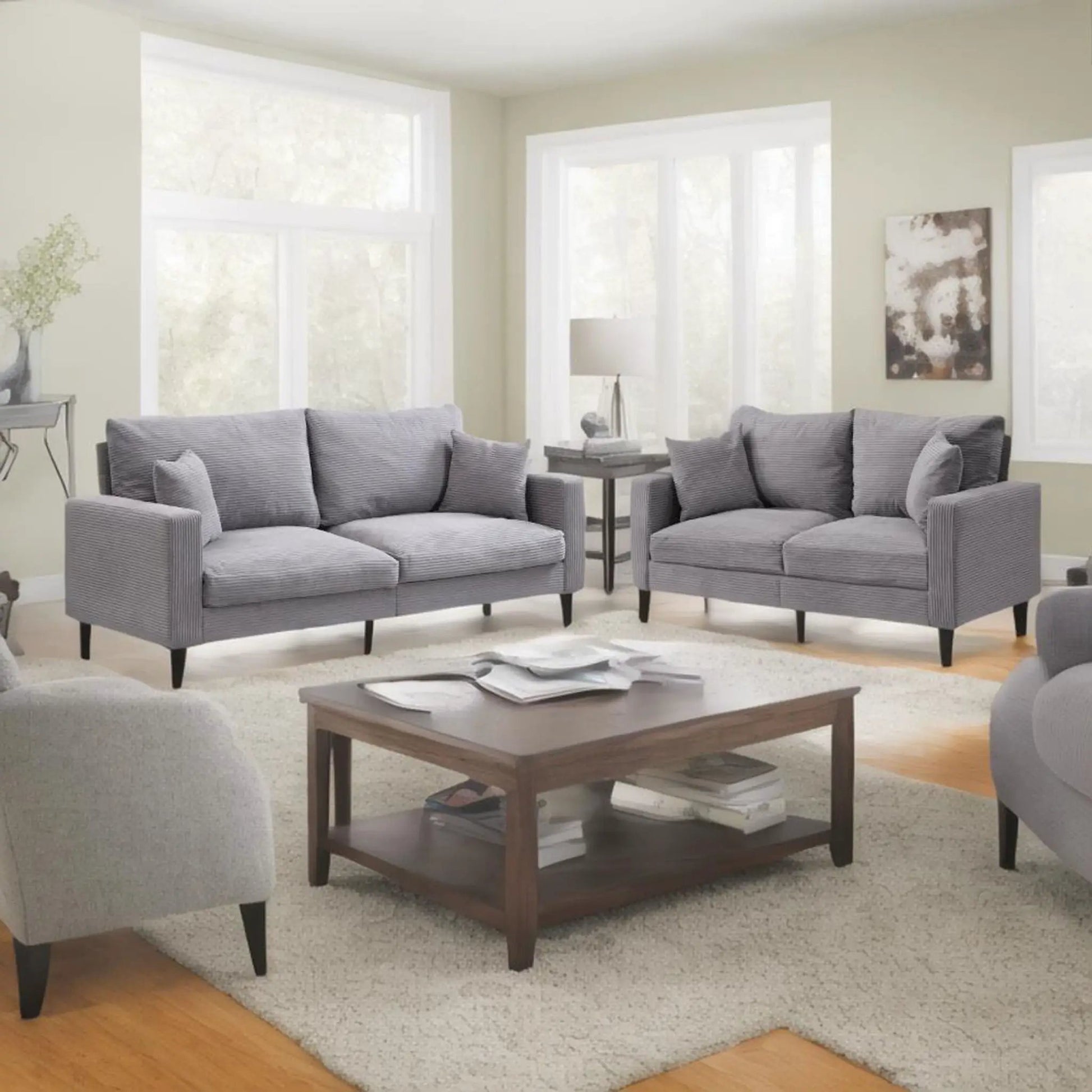 Modern upholstered 3-seat and 2-seat sofa set in gray fabric with dark legs on Tampa Home & Garden Store