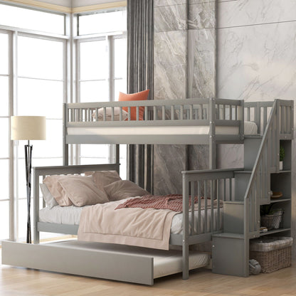 Bunk bed with staircase by HouseOfZazla, gray wood, twin-over-twin on Tampa Home & Garden Store