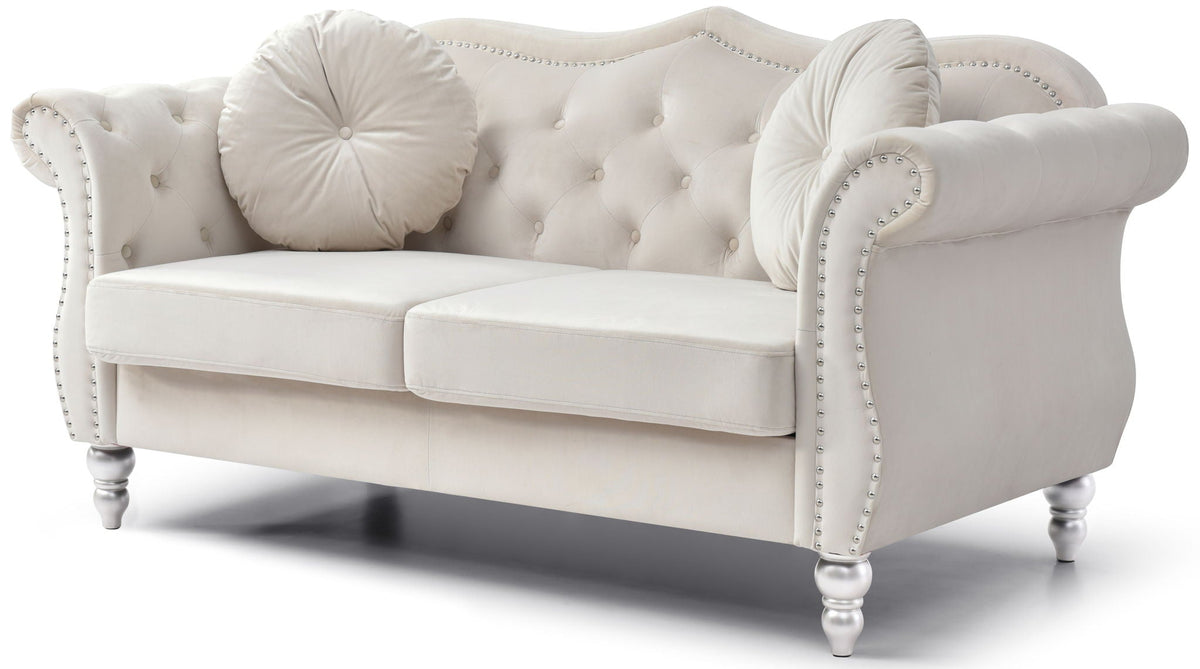 Stylish flared-arm loveseat in cream upholstery with tufted back by HouseOfZazla on Tampa Home & Garden Store