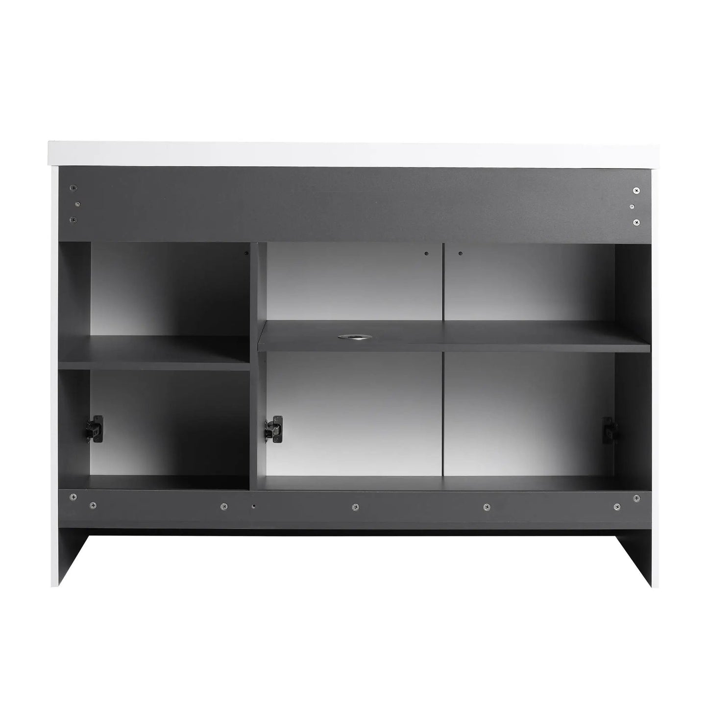 Contemporary freestanding bathroom vanity with dark gray cabinet and white countertop storage on Tampa Home & Garden Store