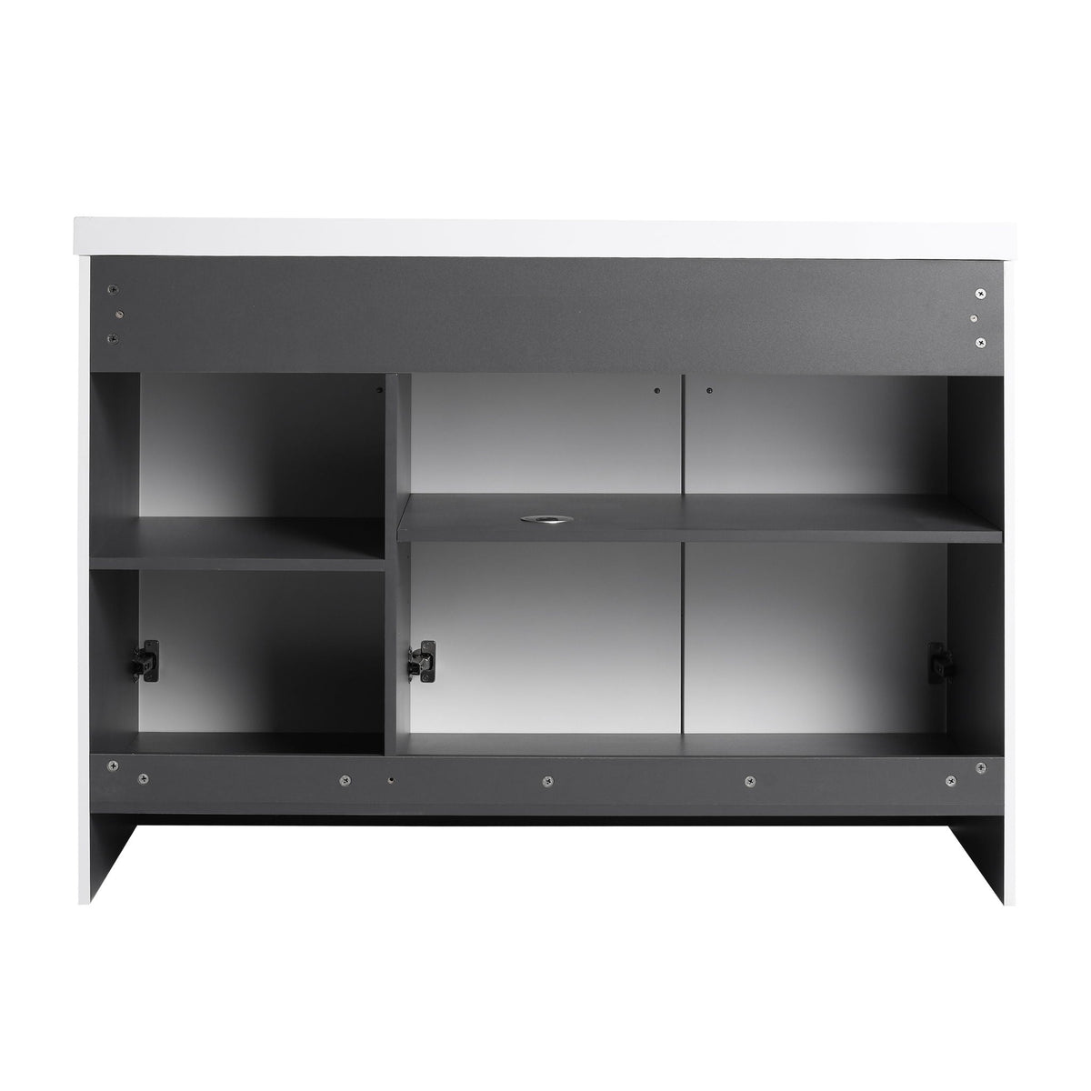 Freestanding bathroom vanity in dark gray with white top, open cabinet doors on Tampa Home & Garden Store