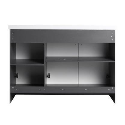 Freestanding bathroom vanity in dark gray with white top, open cabinet doors on Tampa Home & Garden Store